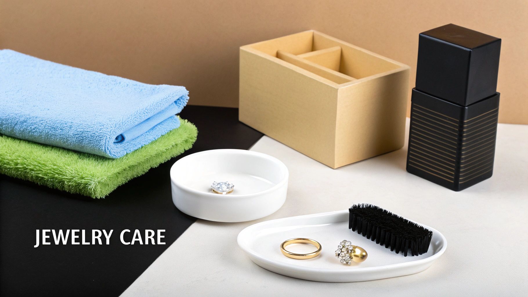 A flat lay of jewelry cleaning essentials: towels, rings in bowls, a brush, and storage containers.