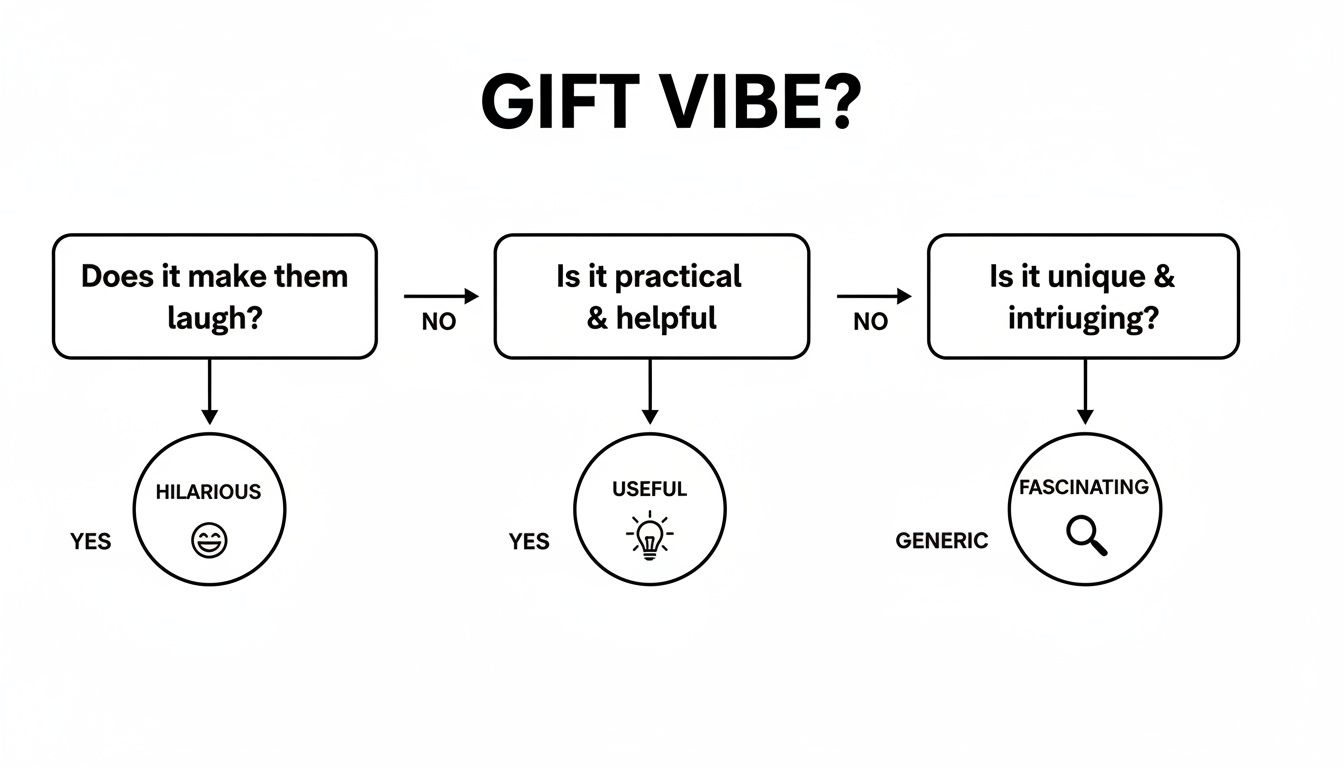 A gift selection flowchart titled 'GIFT VIBE?' leading to hilarious, useful, or fascinating categories.