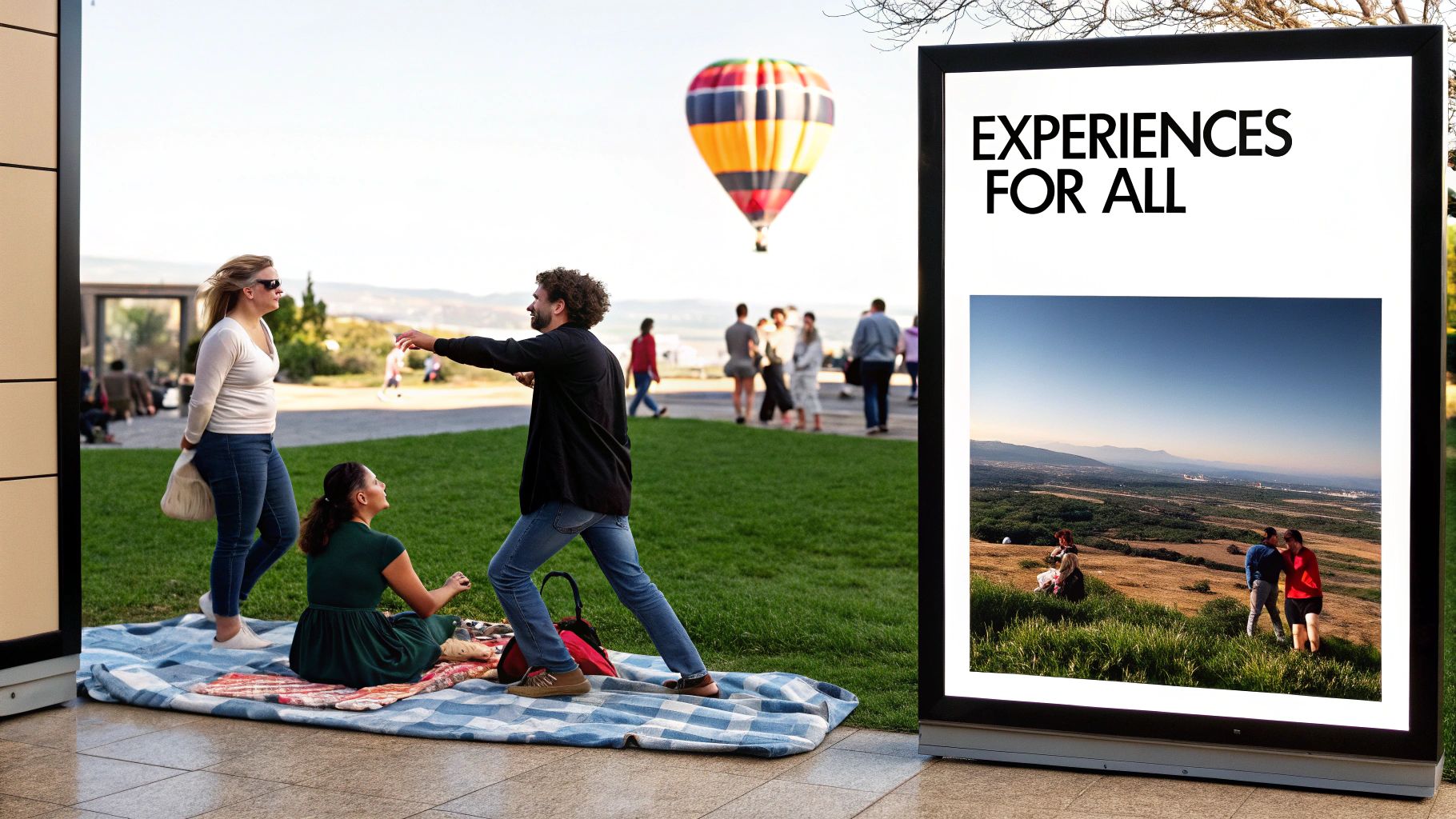 People relaxing on a picnic blanket outdoors with a hot air balloon in the sky and a large display board.