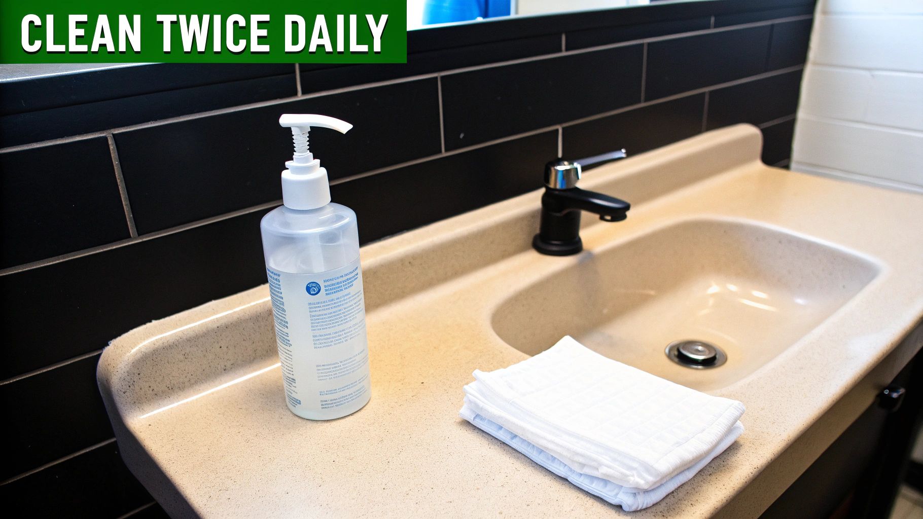 A person holding a sterile saline spray bottle, ready to clean their nipple piercing.