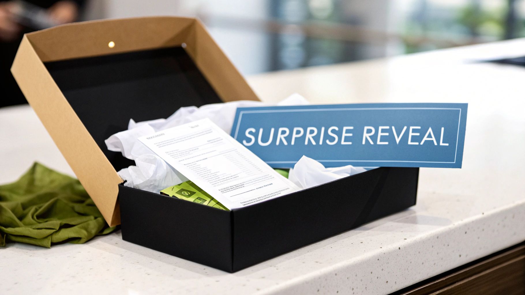 An open black gift box on a white counter reveals a 'SURPRISE REVEAL' card, white tissue, and gifts.