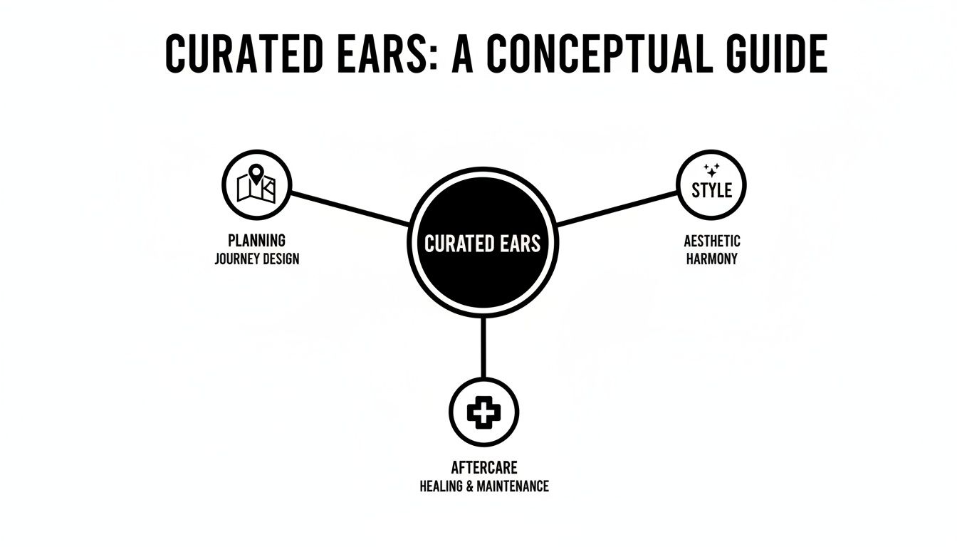 A conceptual guide diagram for curated ears, outlining planning, style, and aftercare steps.