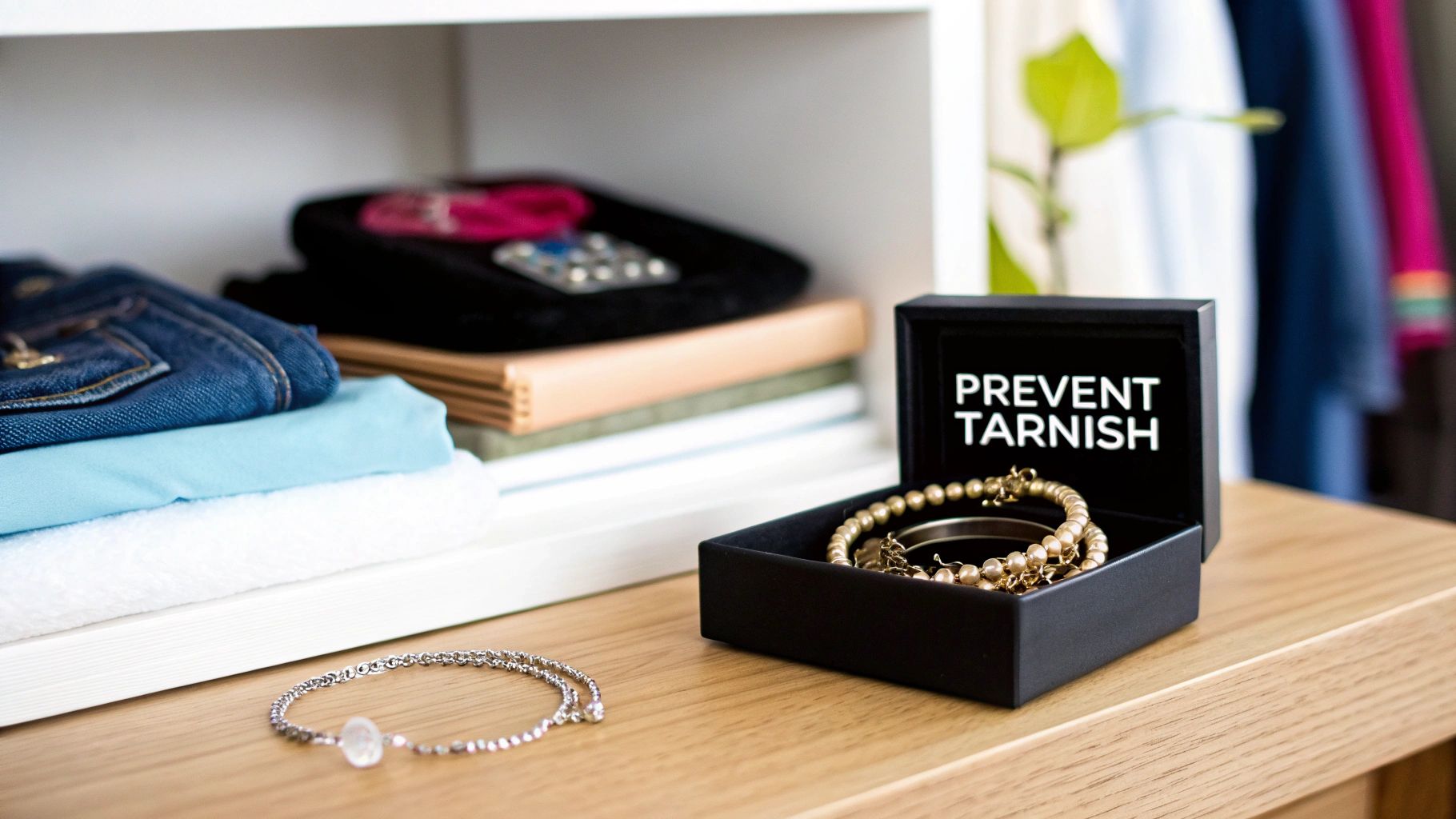 An assortment of jewelry, including necklaces, rings, and bracelets, neatly arranged in a wooden organizer with multiple compartments.
