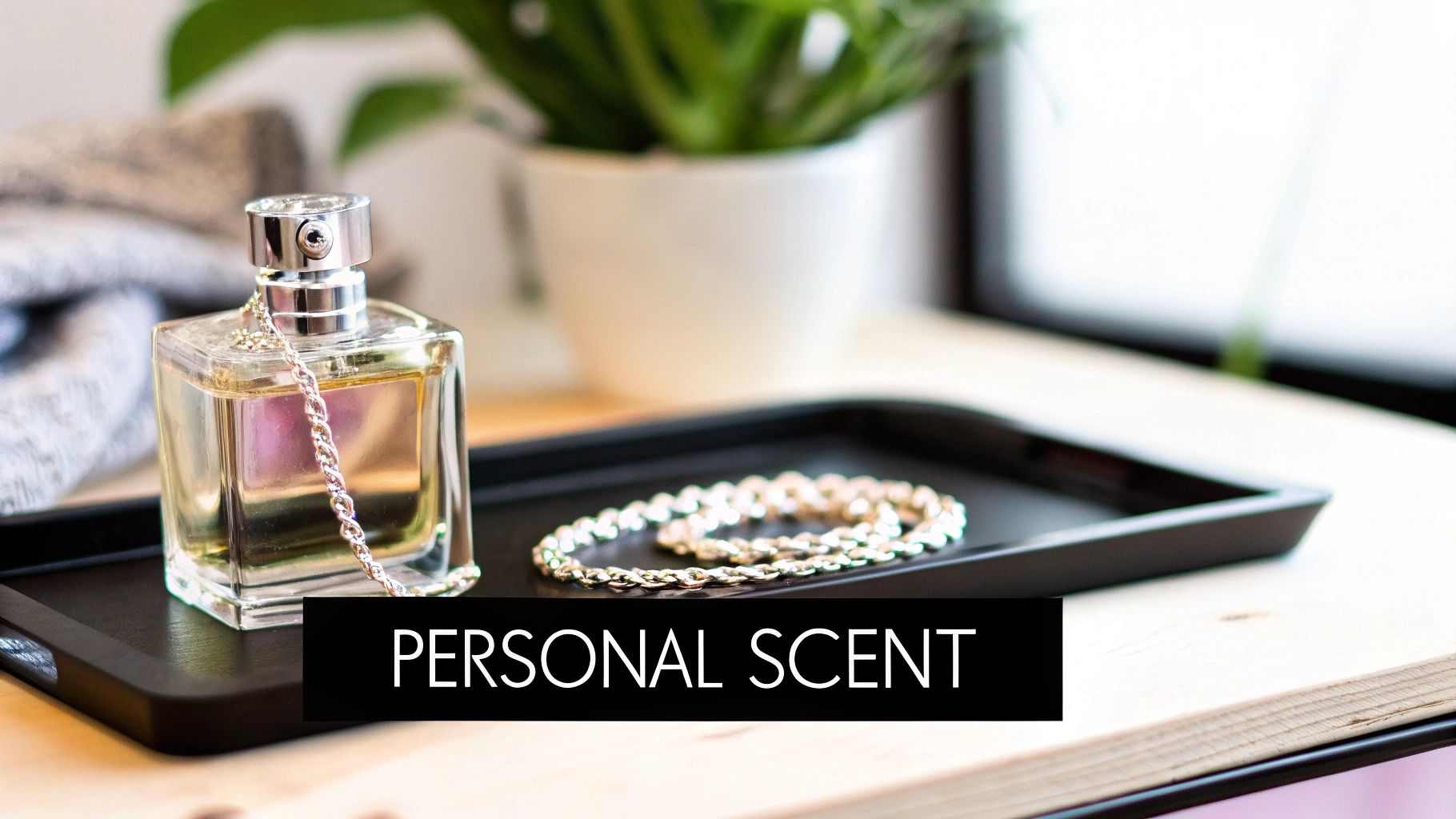 A sophisticated perfume bottle with a silver chain, on a black tray with a necklace, suggesting personal scent and elegance.