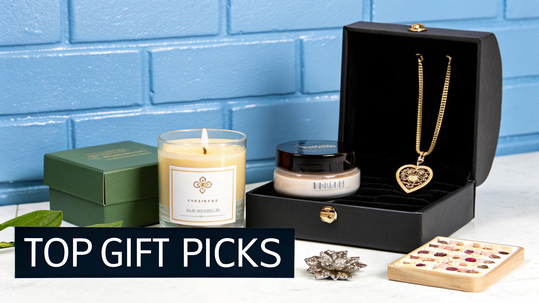 A scented candle with a piece of jewelry next to it, on a decorative surface.