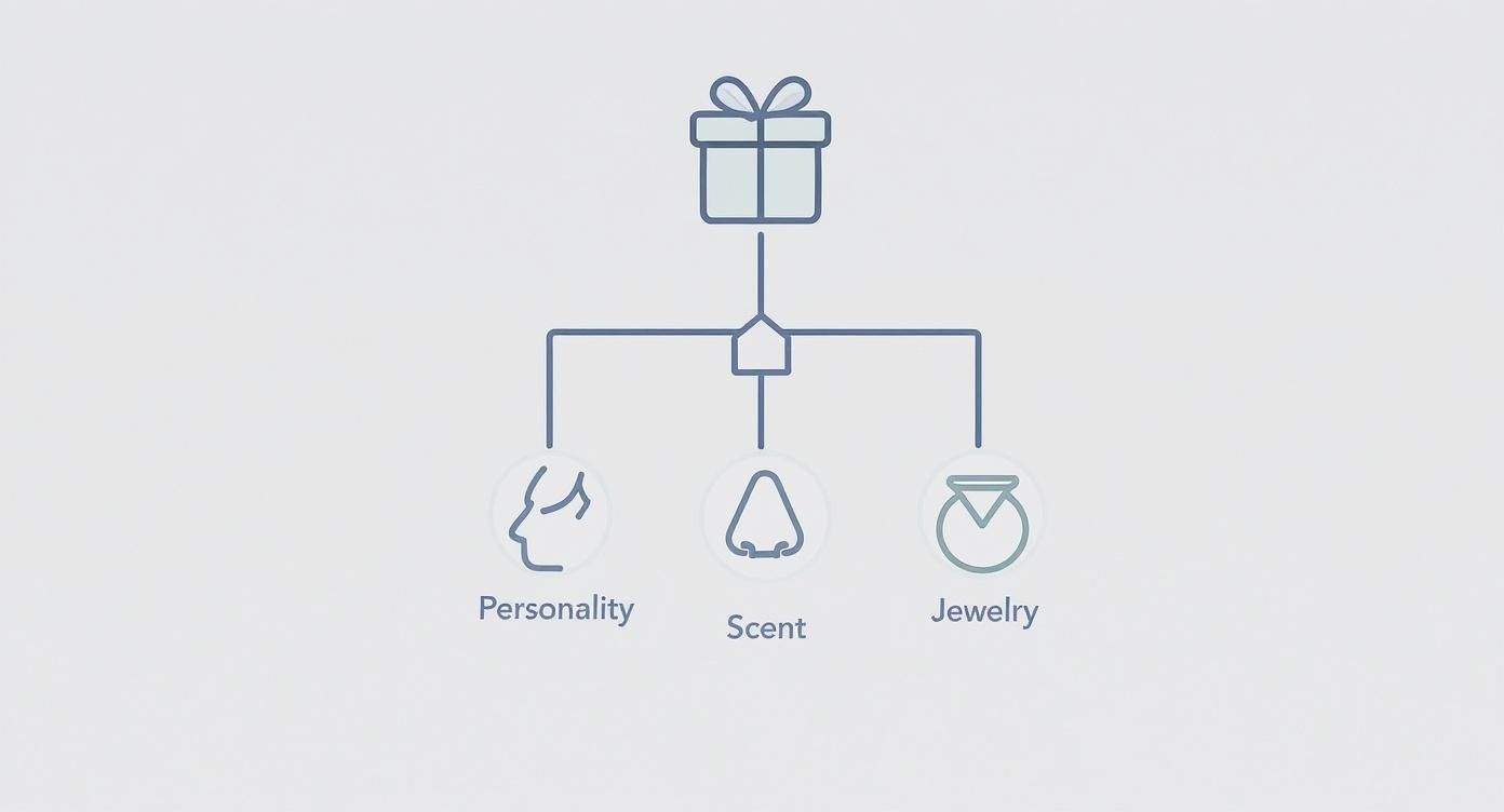 Gift personalization flowchart showing three customization options: personality, scent, and jewelry for women