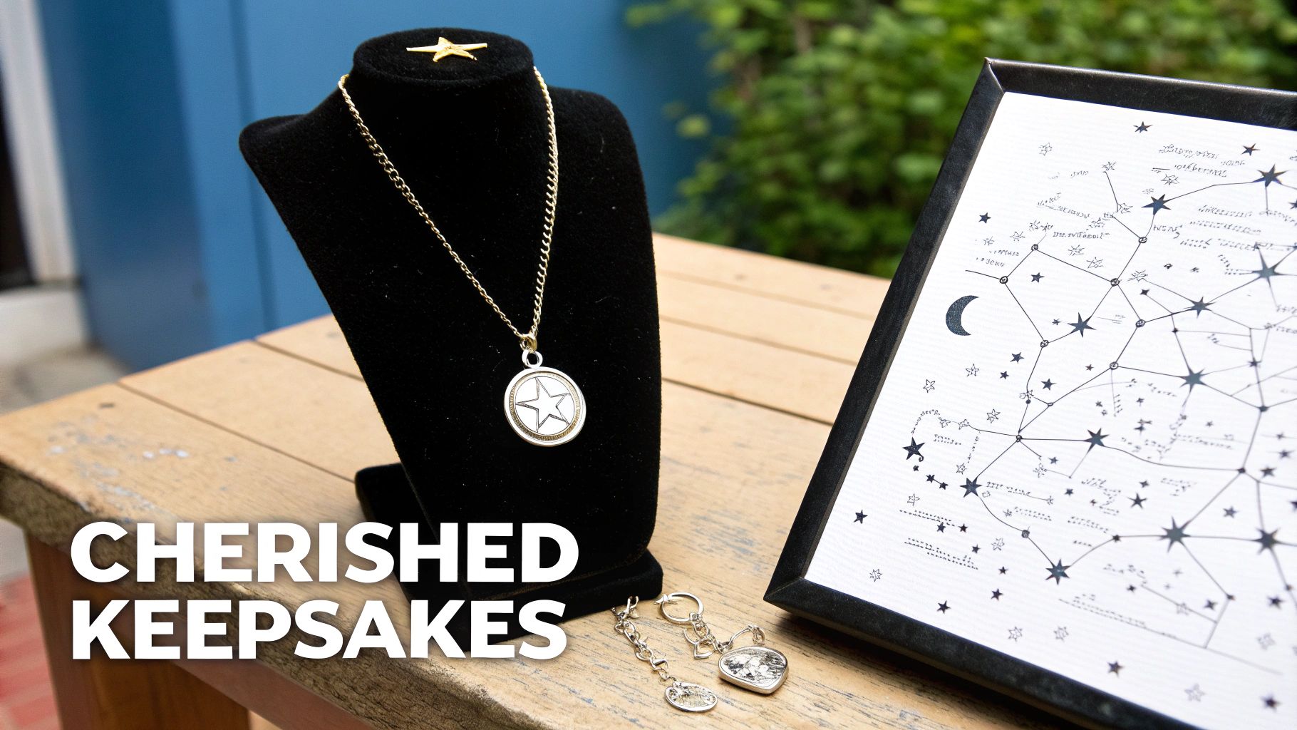 Star-themed jewelry including a necklace and bracelet, with a framed constellation map on a wooden table.