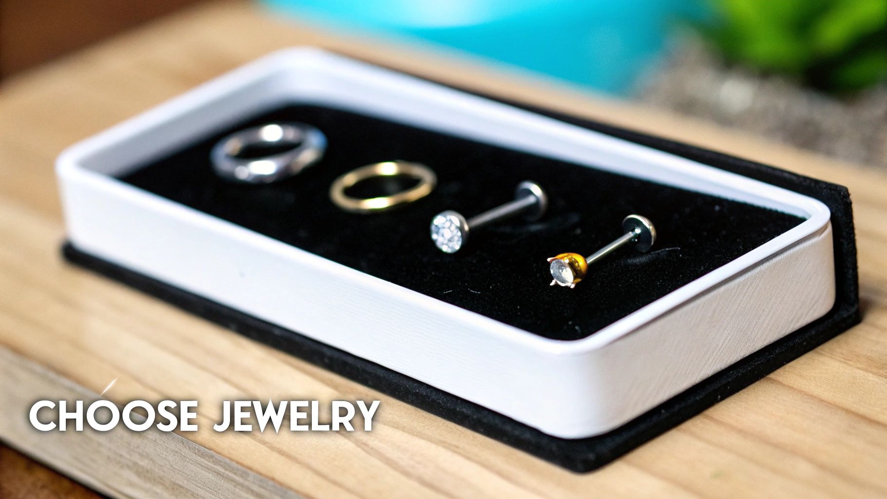 Close-up of rings and cartilage piercing studs displayed in a velvet jewelry box.