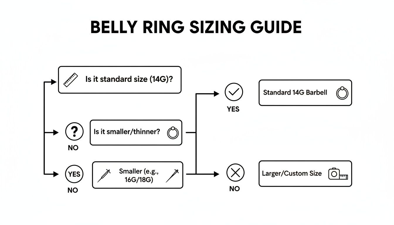 Belly ring sizing guide flowchart helps determine if a piercing is standard 14G, smaller, or custom size.