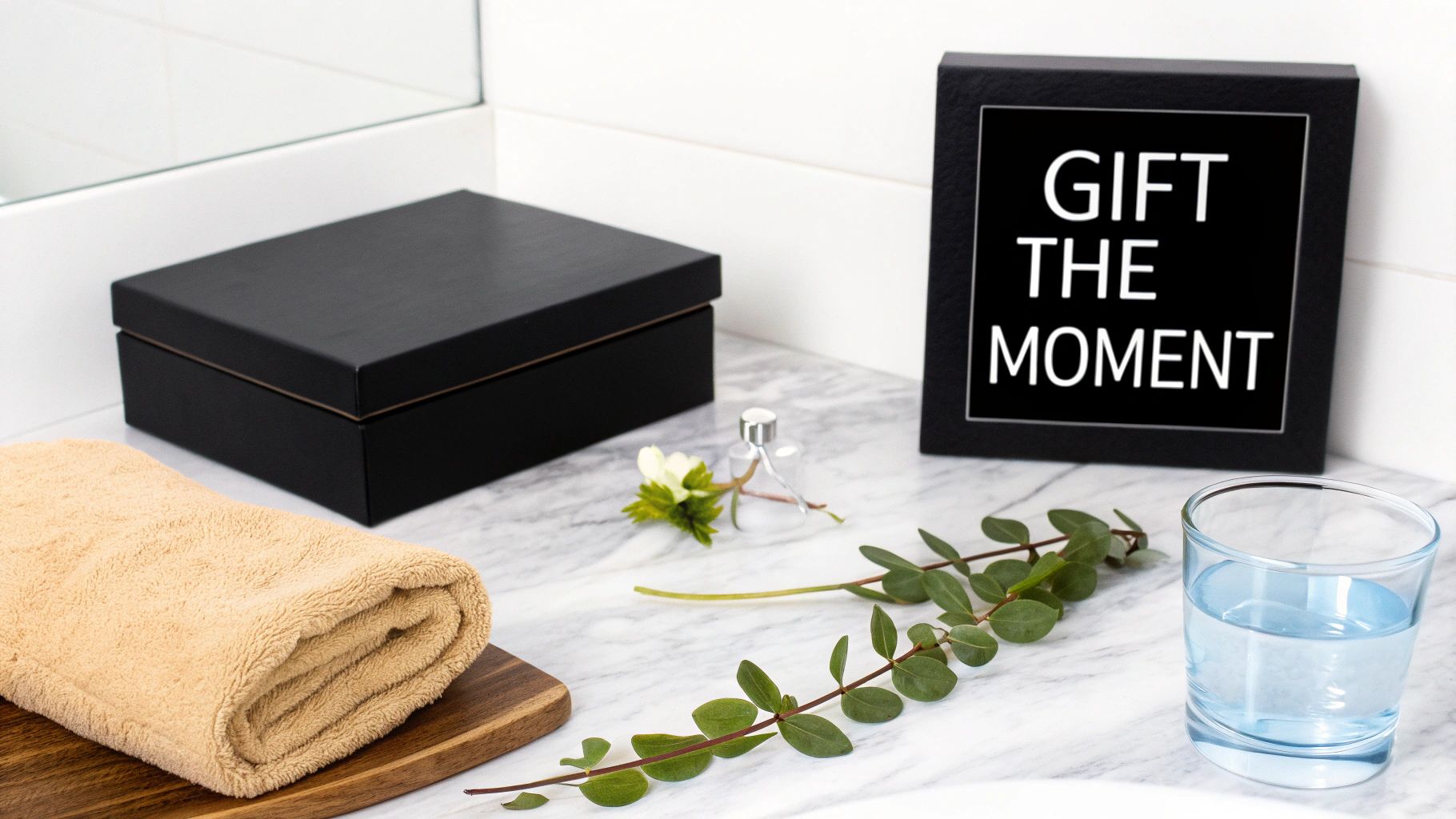 A luxurious self-care display with a black gift box, rolled towel, plants, and a 'GIFT THE MOMENT' sign.