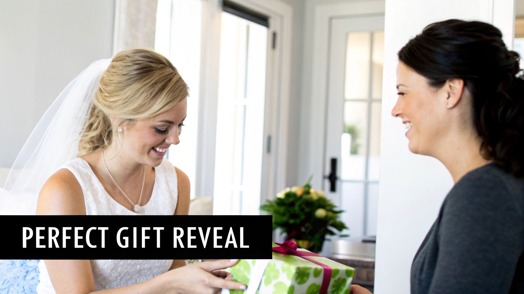 A smiling bride in a white dress and veil receives a beautifully wrapped gift from a smiling woman.