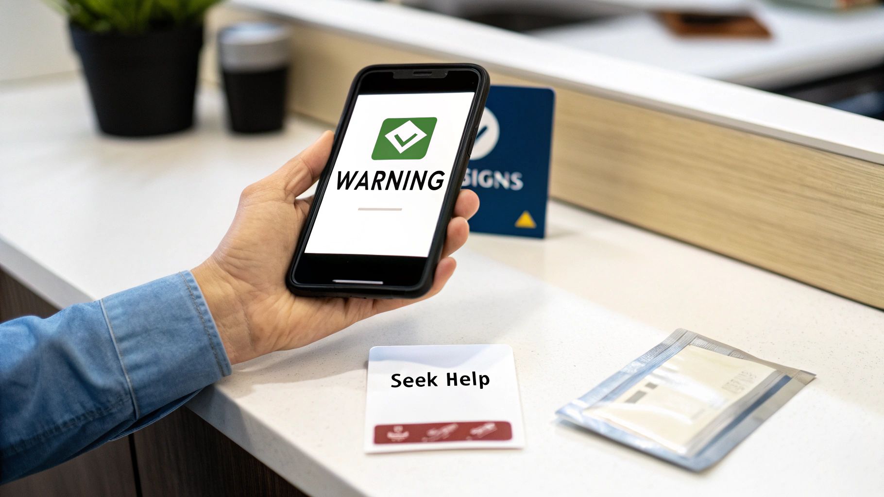 A hand holds a smartphone displaying a 'WARNING' message, beside a 'Seek Help' card.