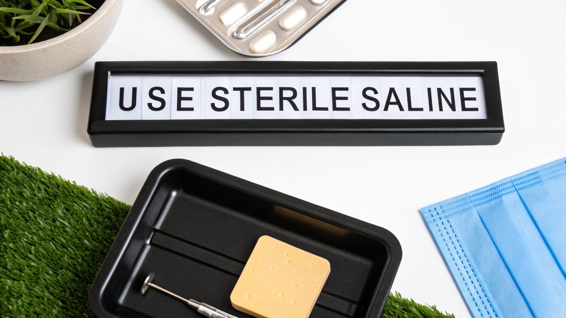 A person holding a sterile saline spray bottle and other nipple piercing aftercare products.