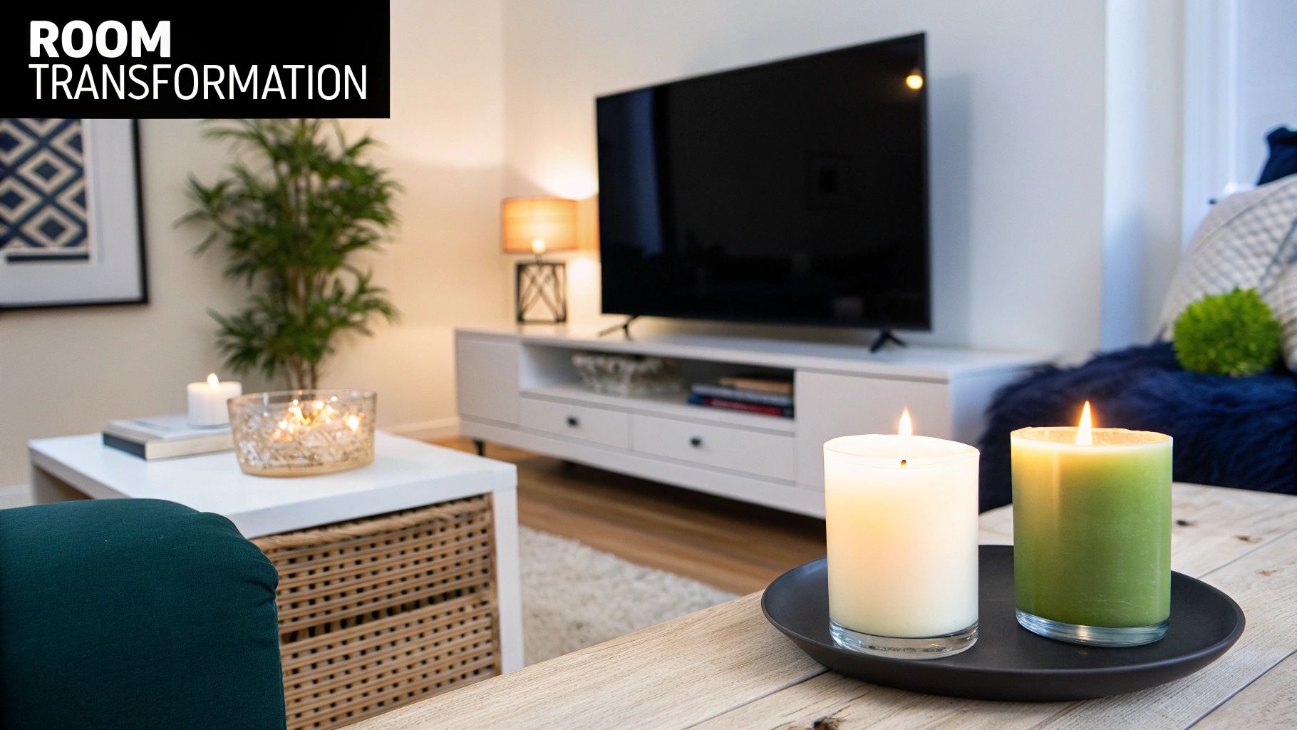 A cozy living room setup with a large TV, media console, lit candles, and green plants.