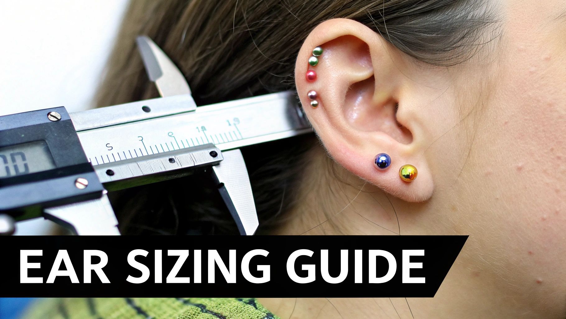 A digital caliper measures a person's ear with multiple colorful piercings for a sizing guide.