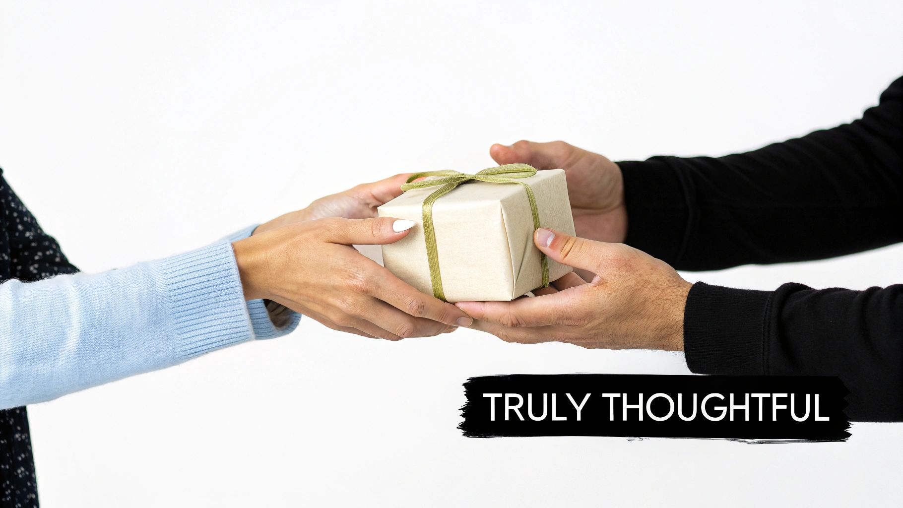 A couple exchanging a beautifully wrapped gift, symbolizing thoughtfulness.