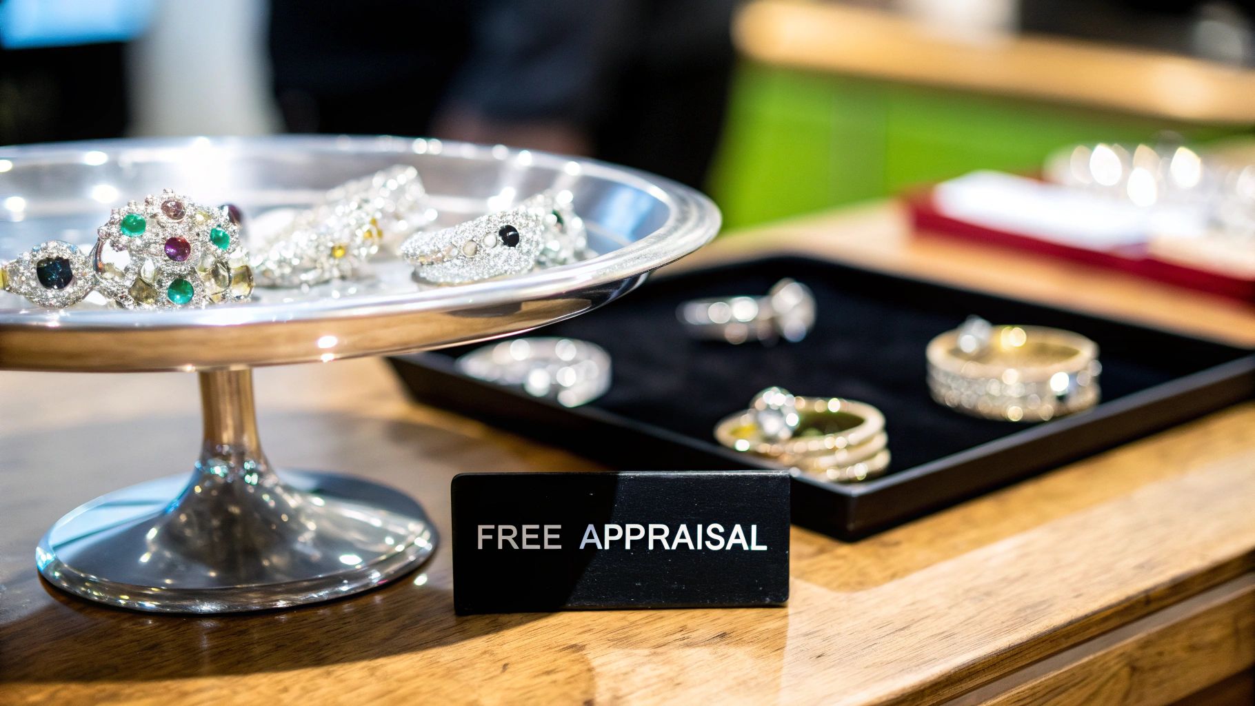 A magnifying glass hovering over a diamond ring, symbolizing the jewellery appraisal process.
