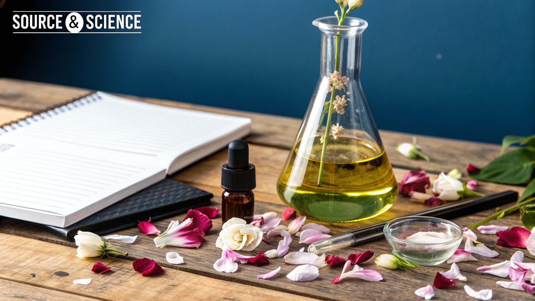 A still life showing a flask with essential oil and flowers, dropper bottle, and petals.