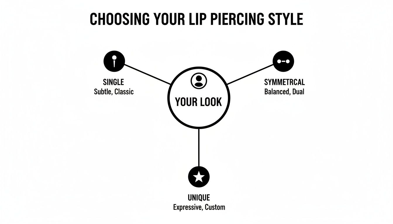 Diagram illustrating how to choose your lip piercing style, offering single, symmetrical, or unique options.
