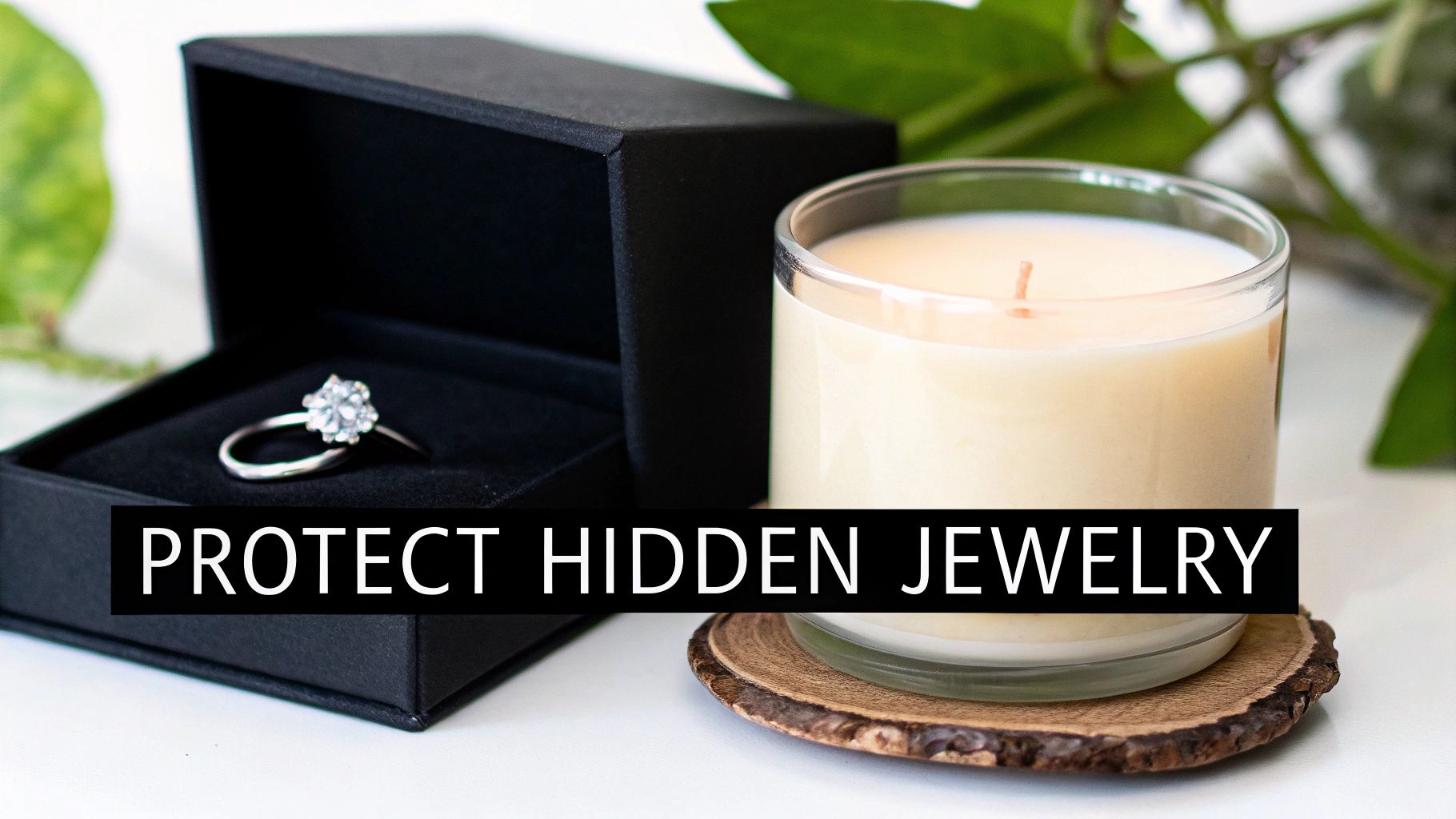 A silver diamond ring rests in an open black jewelry box next to a white candle on a wooden coaster.