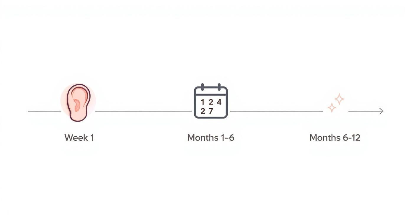 Timeline showing industrial piercing healing stages from week one through months one to twelve