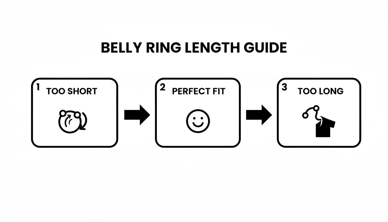 A belly ring length guide showing three options: Too Short, Perfect Fit, and Too Long, with descriptive icons.