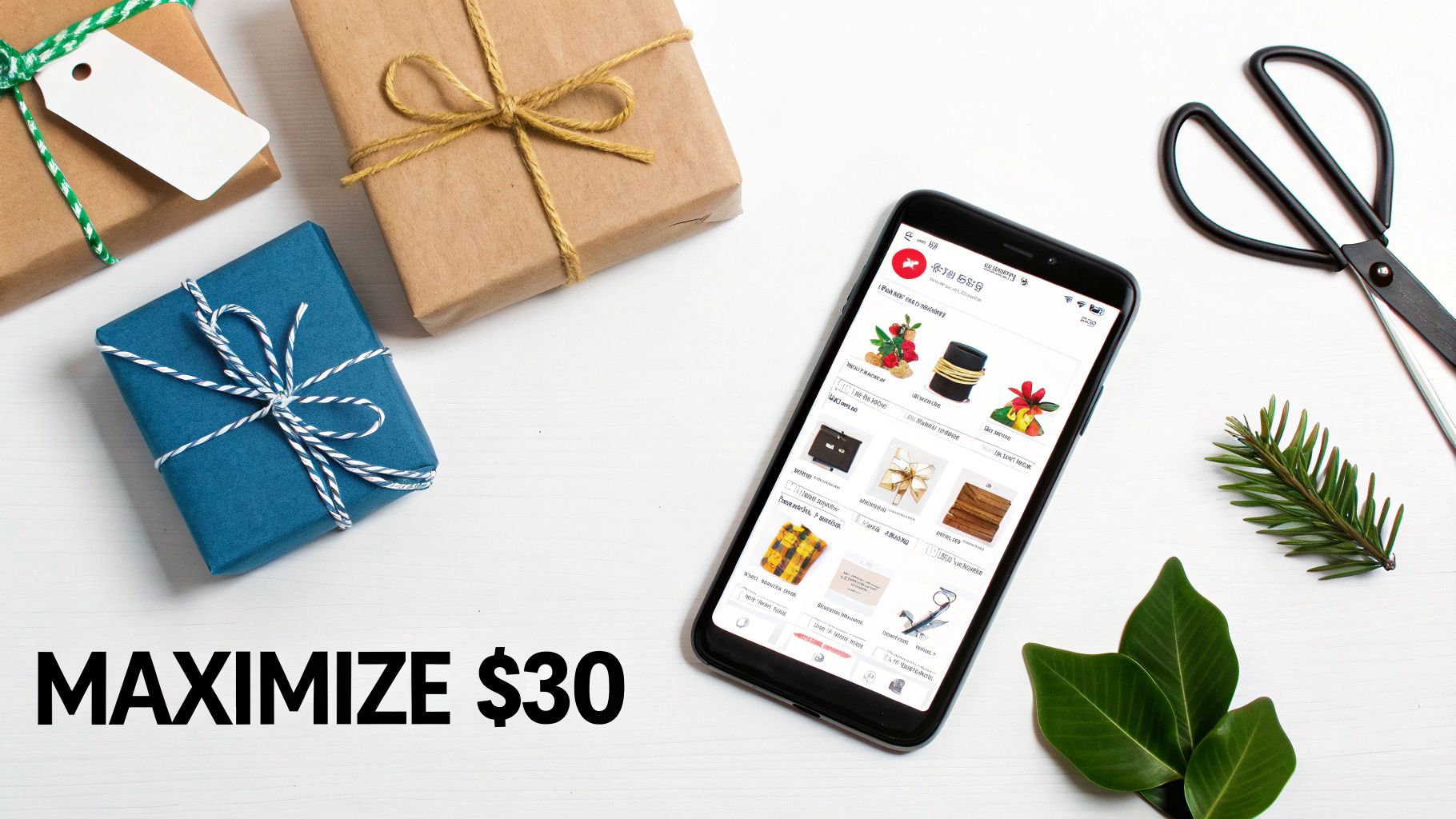 Overhead shot of holiday gift-wrapped boxes, a smartphone with a shopping app, and craft items on a white table.