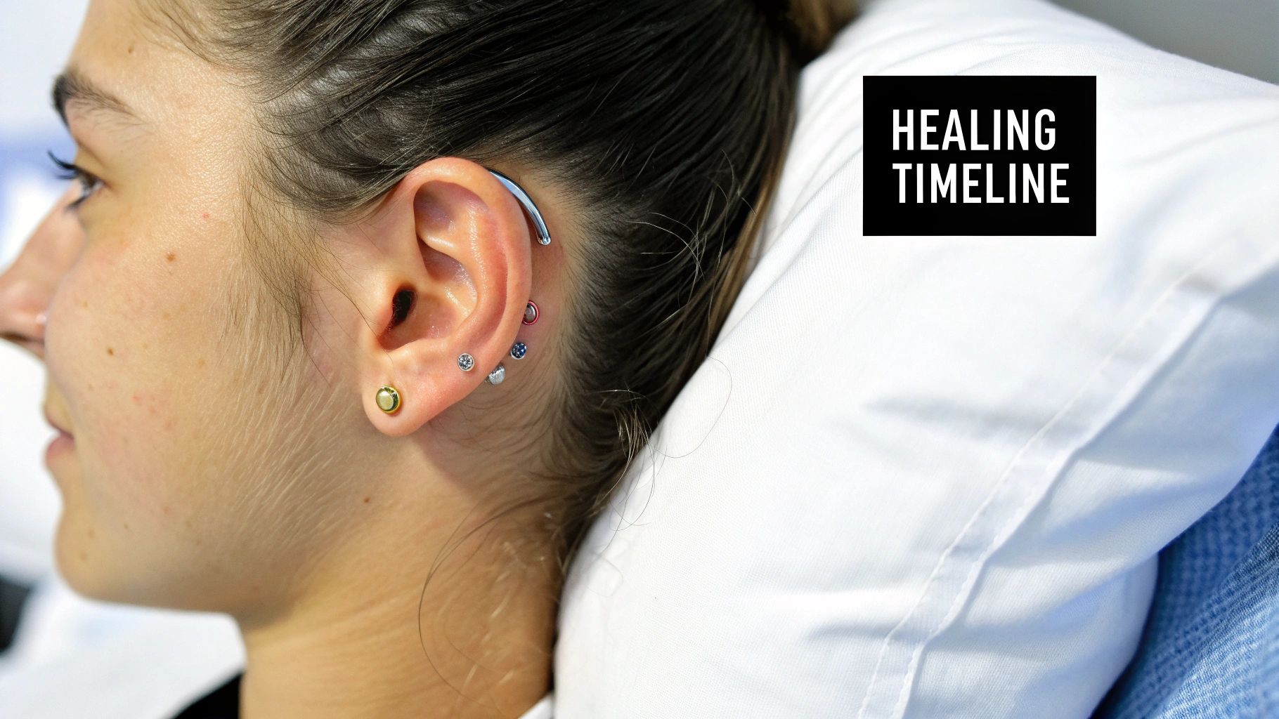 A person cleaning their ear piercing with a cotton swab and saline solution.