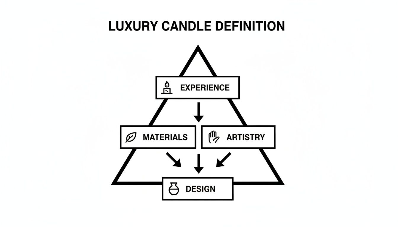 Diagram defining luxury candles, showing experience leading to materials and artistry, culminating in design.