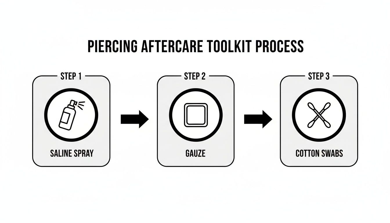 A diagram illustrating a three-step piercing aftercare process using saline spray, gauze, and cotton swabs.
