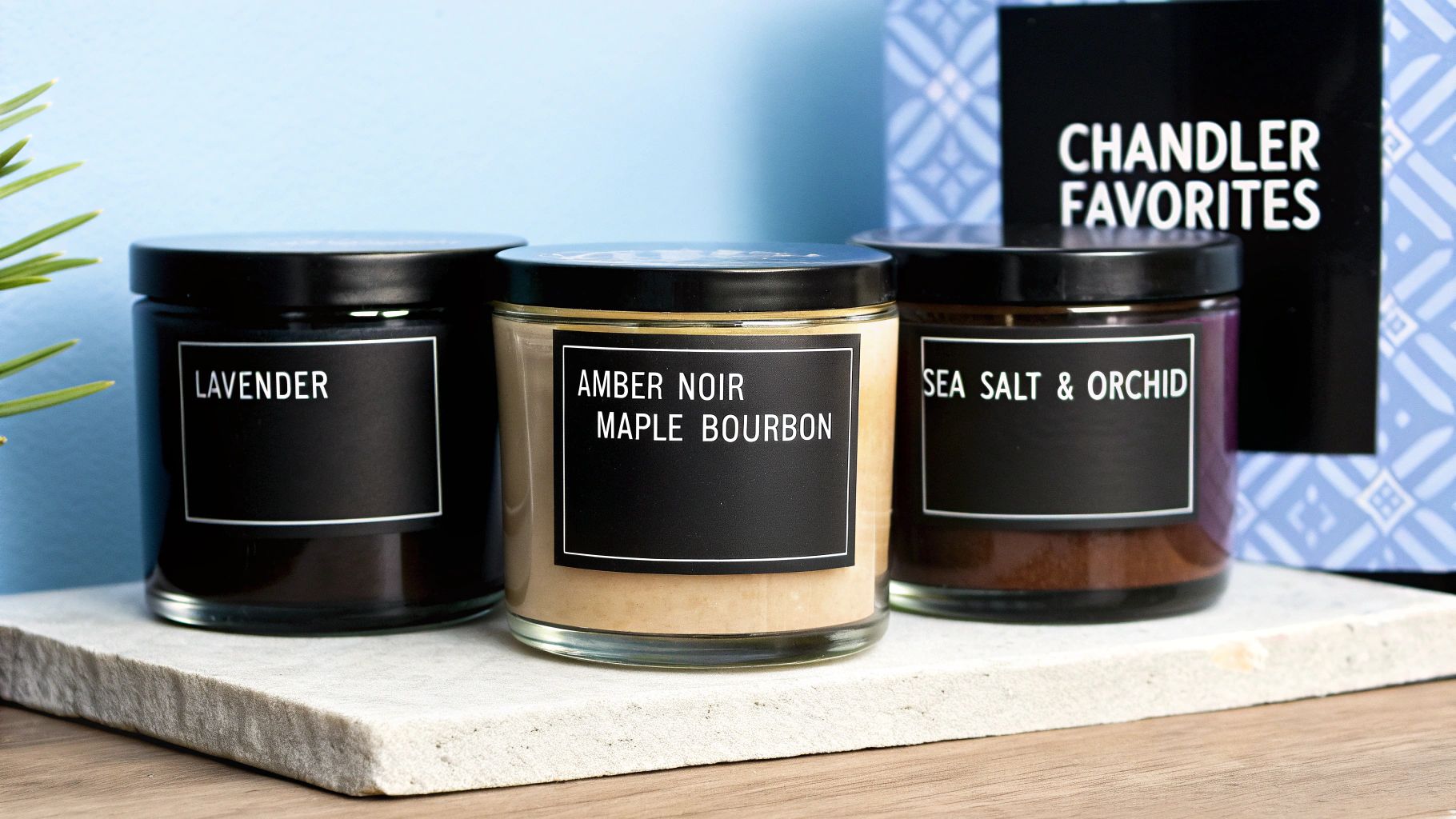 A collection of beautifully crafted candles featuring various scents like lavender, amber, and sea salt.