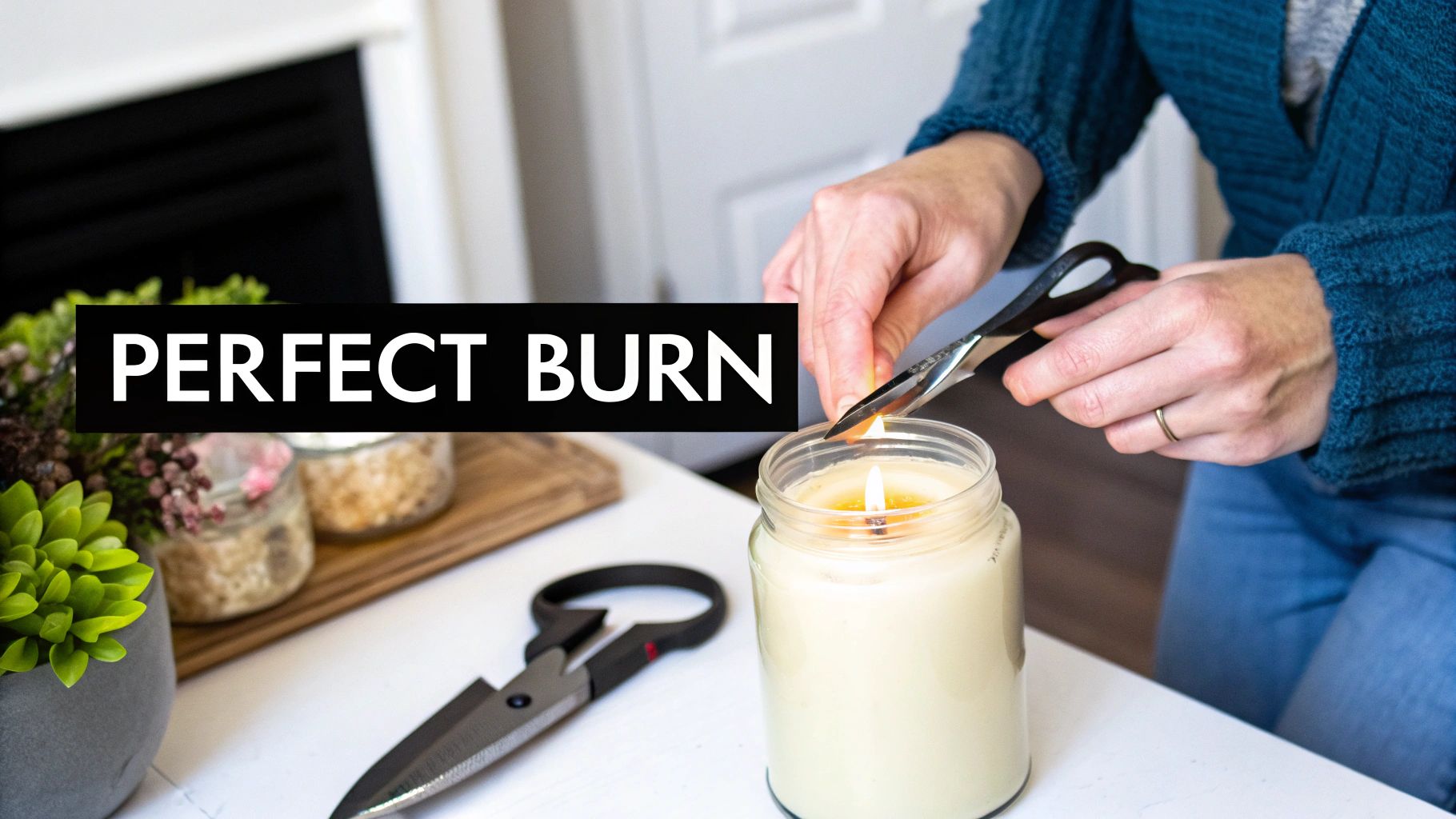 A person using a wick trimmer to trim the wick of a lit candle for a perfect burn.