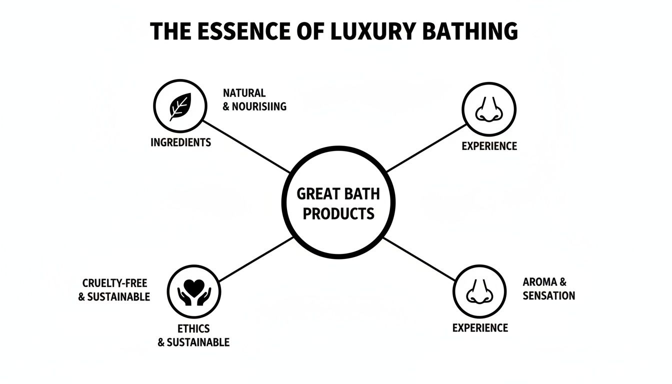 A diagram explaining the essence of luxury bathing, focusing on ingredients, experience, ethics, and sustainability for great bath products.