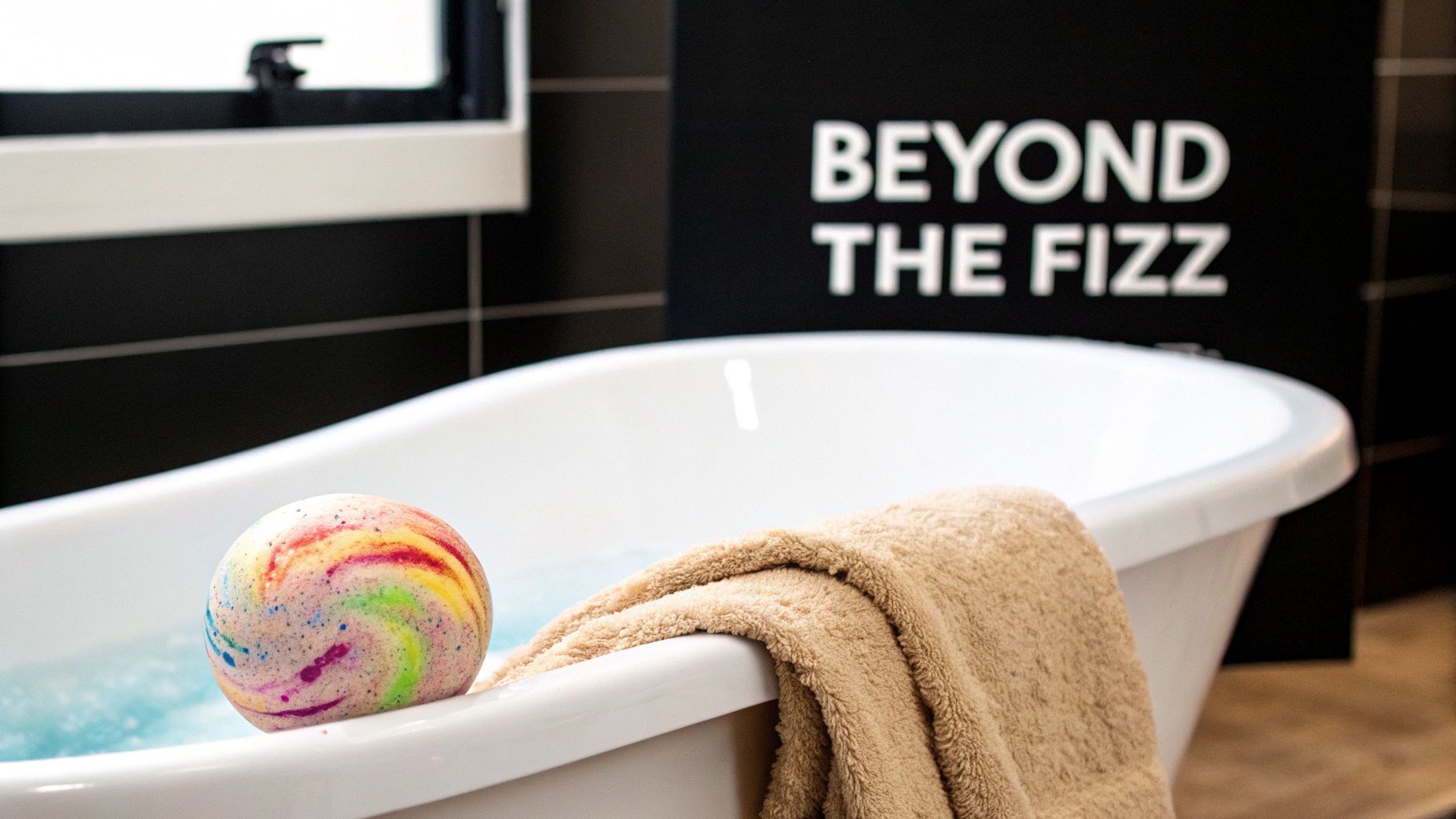 A colorful, rainbow-swirl bath bomb rests on the edge of a white bathtub with blue water and a tan towel.