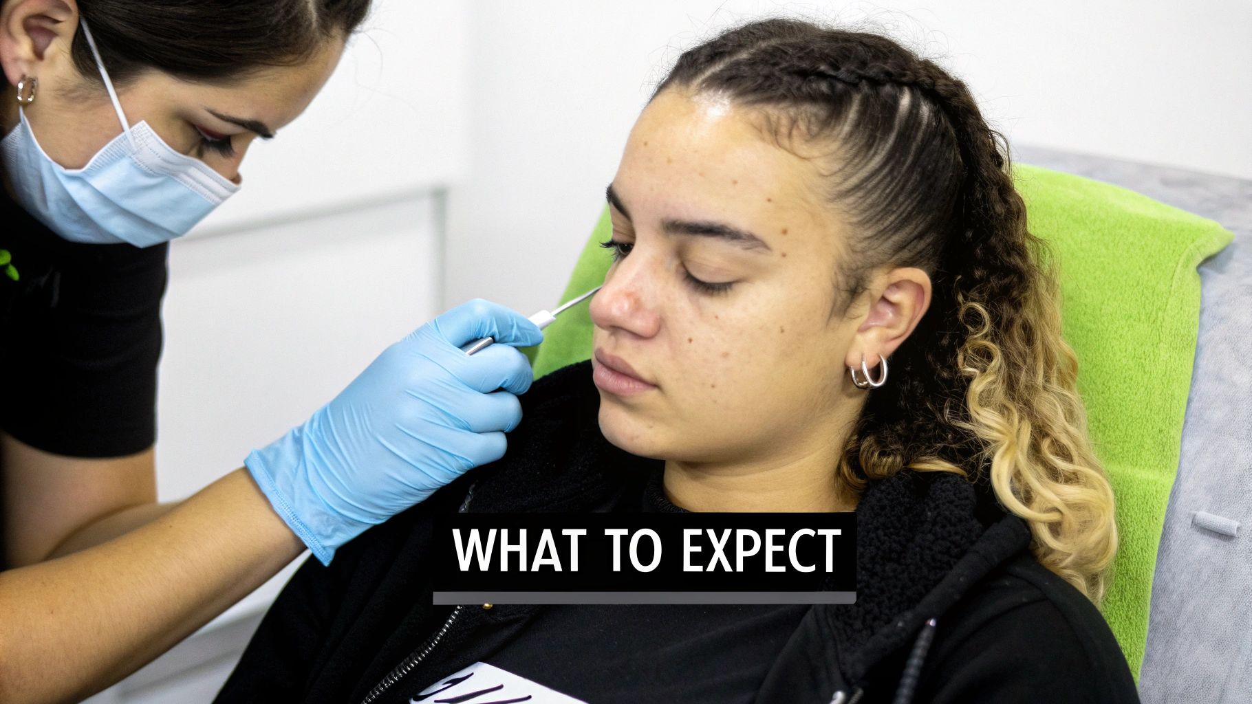 A practitioner in a mask and gloves uses a marking tool on a client's nose for a procedure.