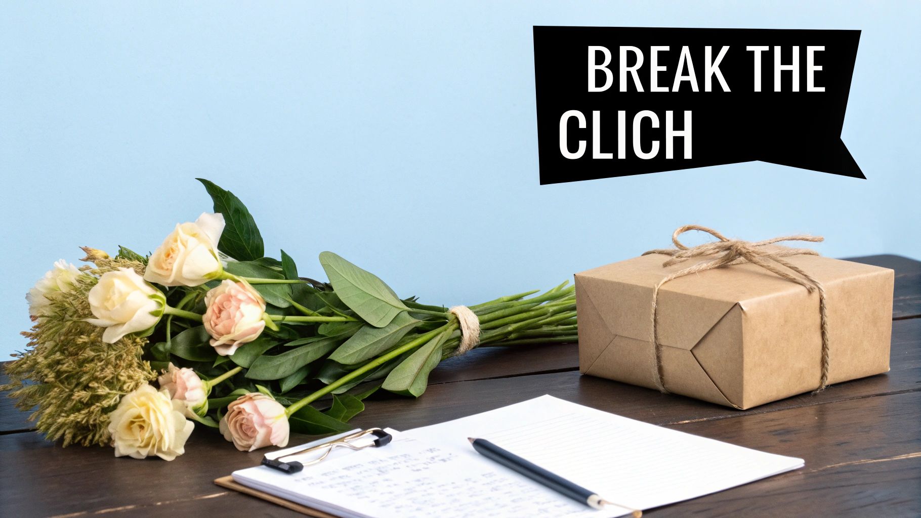 A bouquet of roses, a gift box, and a handwritten note on a wooden table with text 'BREAK THE CLICH'.