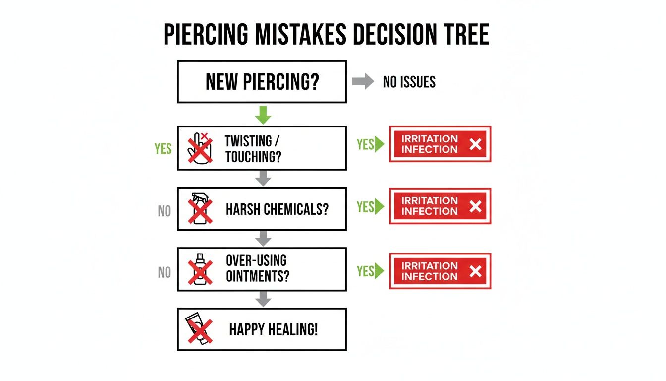 Decision tree flowchart illustrating common piercing care mistakes that can lead to irritation or infection, ensuring happy healing.