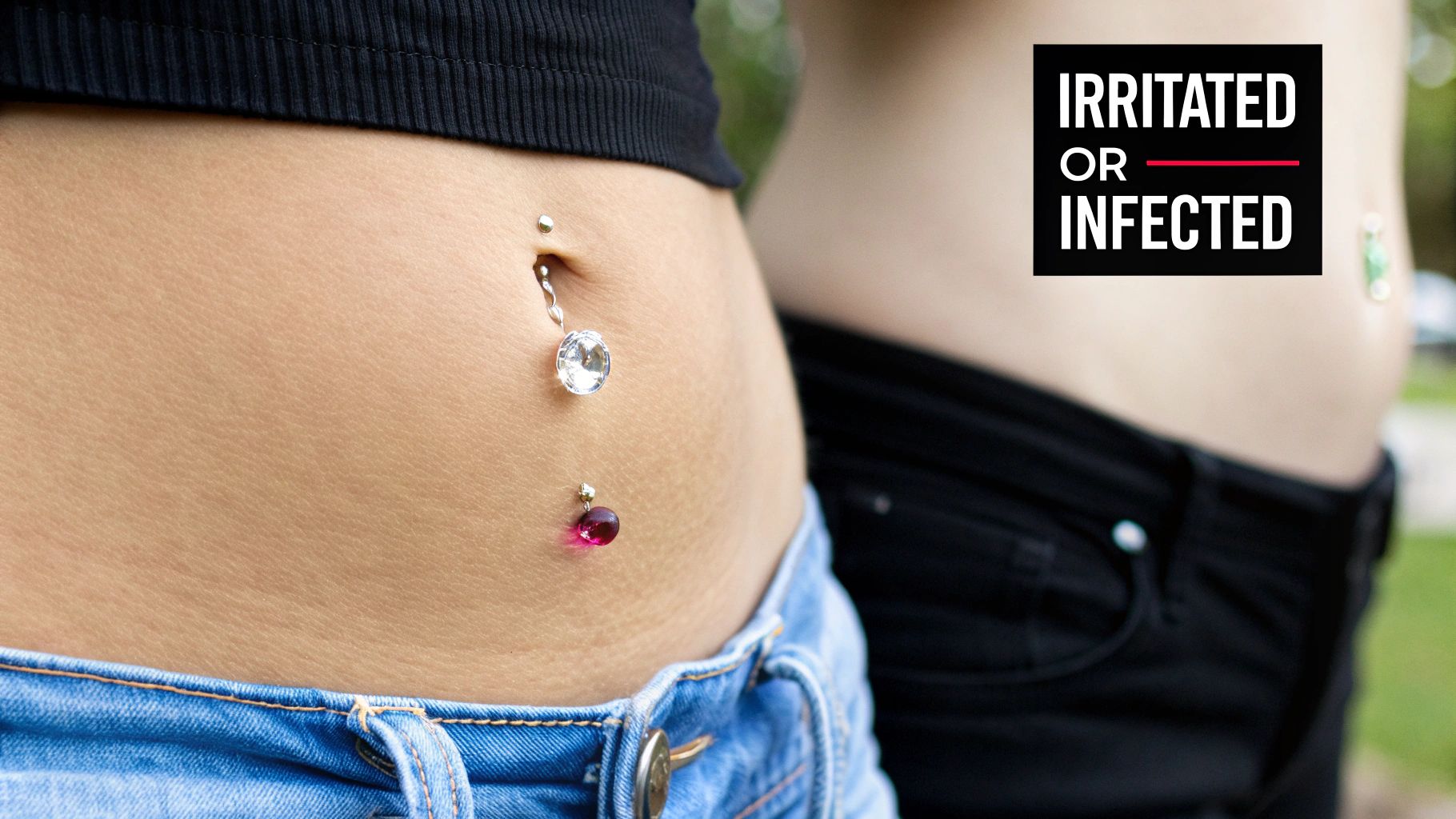 A close-up of a person cleaning their belly button piercing with a saline-soaked cotton ball.
