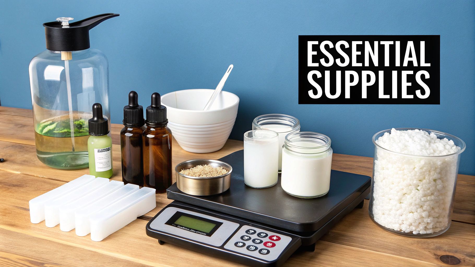A collection of essential candle-making supplies including wax pellets, jars, dropper bottles, and a scale on a wooden table.