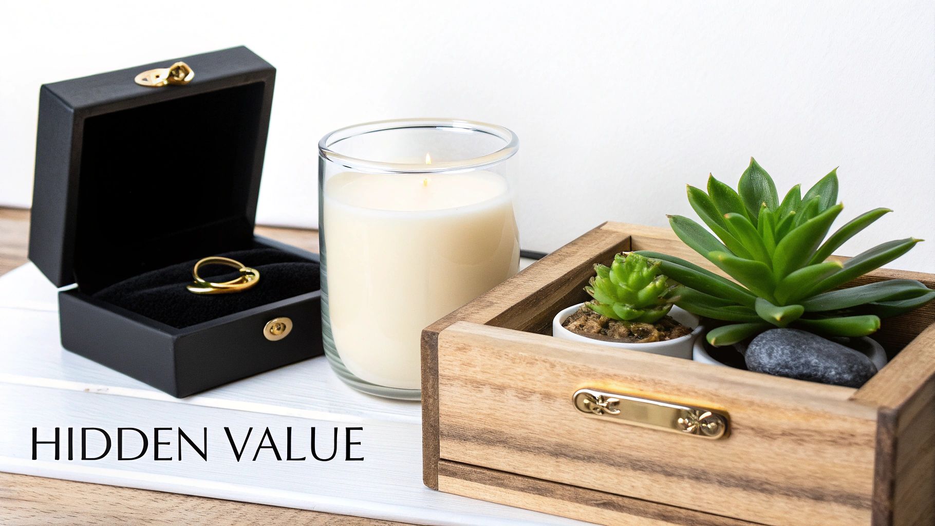 A gold ring in an open black jewelry box, a lit candle, and succulents in a wooden planter.