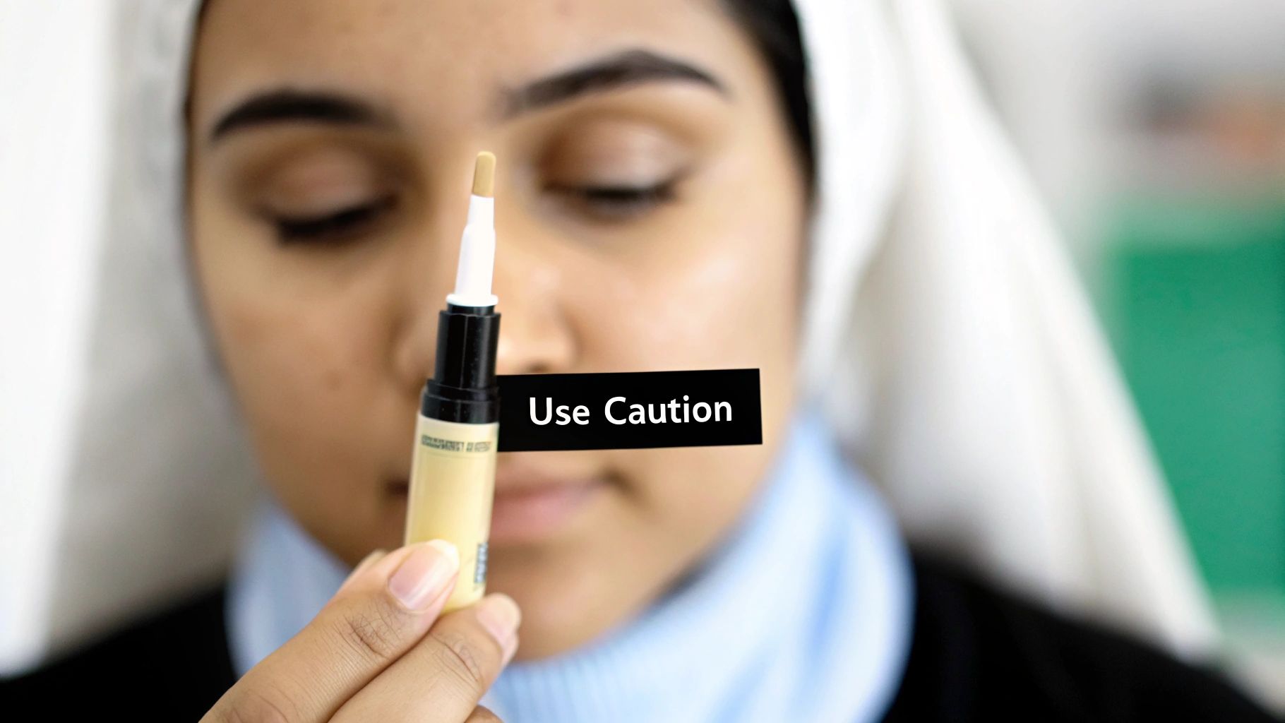 A person holds a light-colored makeup pen with a brush tip near their closed eyes, with a "Use Caution" overlay.