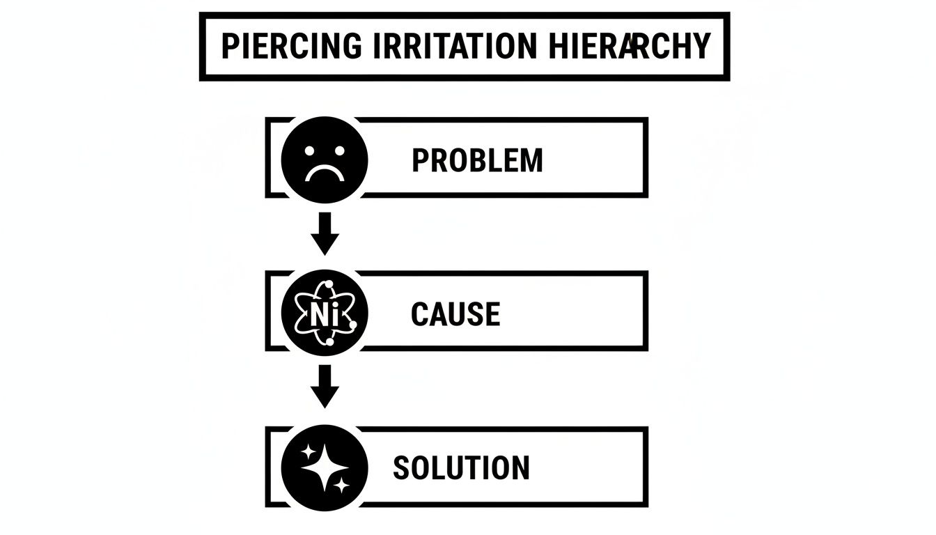 A flowchart illustrating the piercing irritation hierarchy: problem (sad face), cause (Ni atom), and solution (stars).