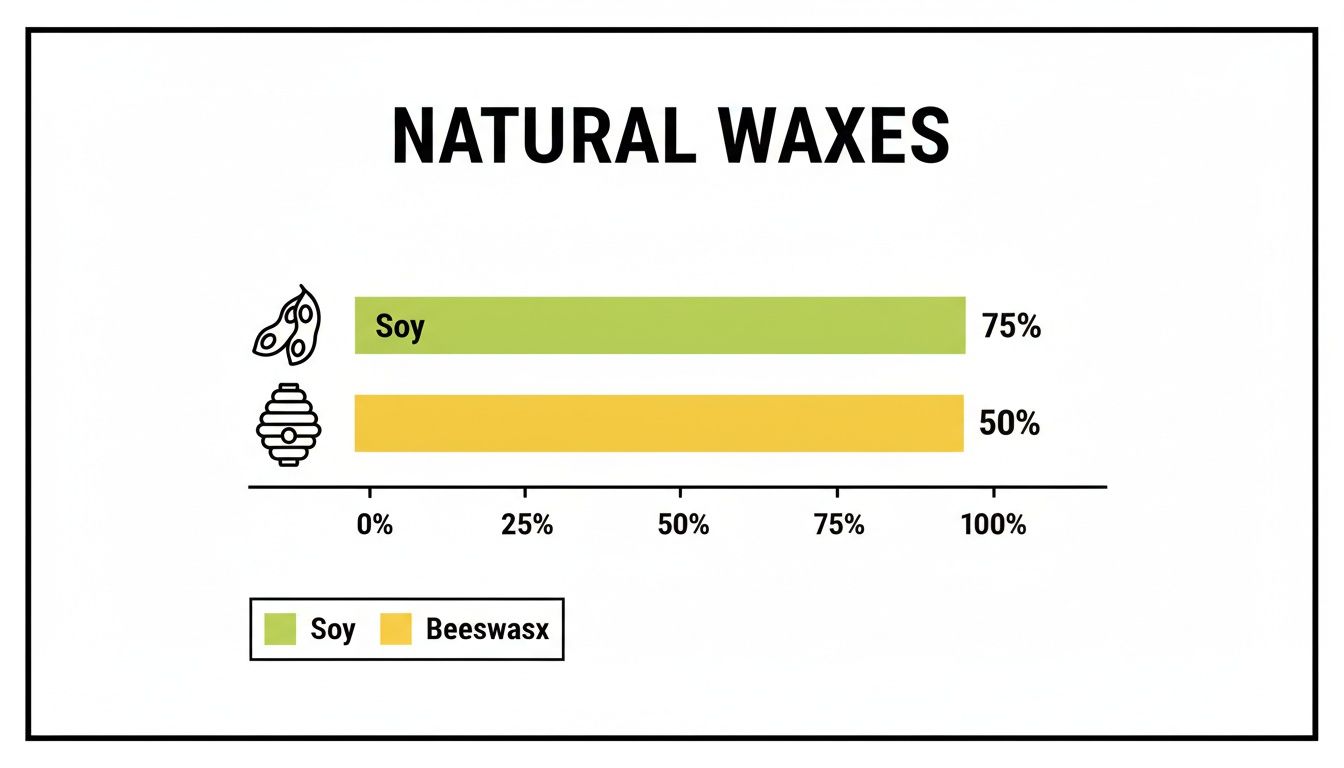 Horizontal bar chart showing the percentage of natural waxes, Soy at 75% and Beeswax at 50%.