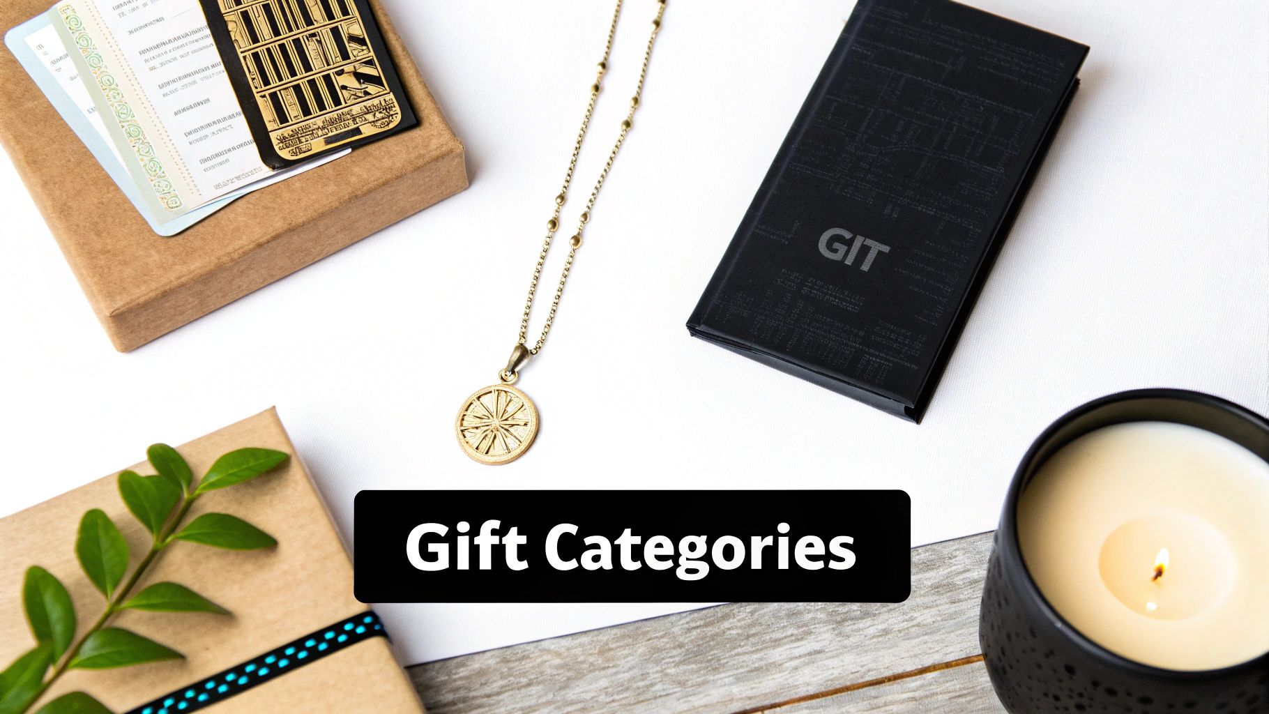 A flat lay of assorted thoughtful gifts including a lit candle, golden necklace, and wrapped presents.