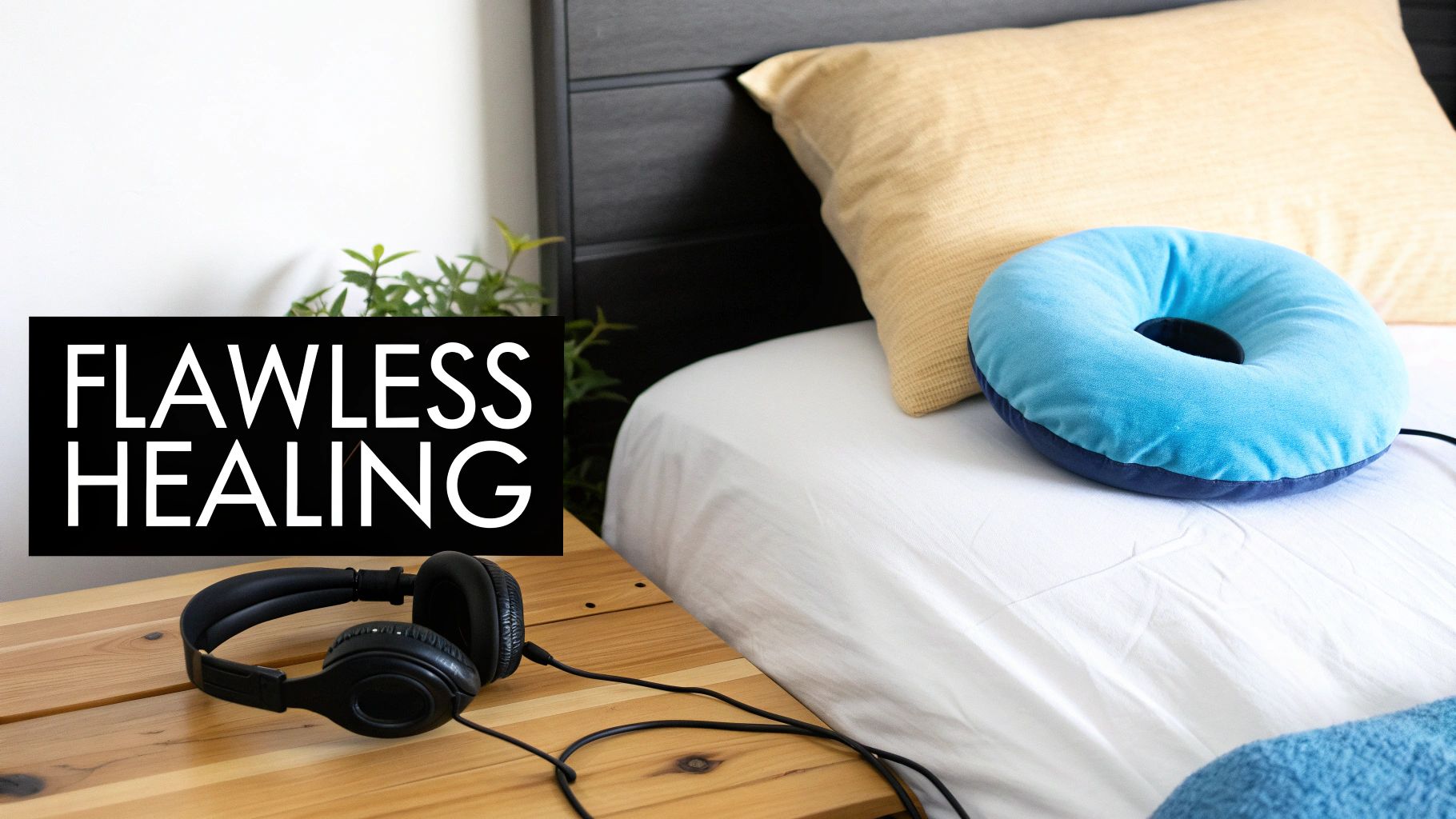 A black sign with 'Flawless Healing' text, black headphones, and a blue donut pillow on a bed.