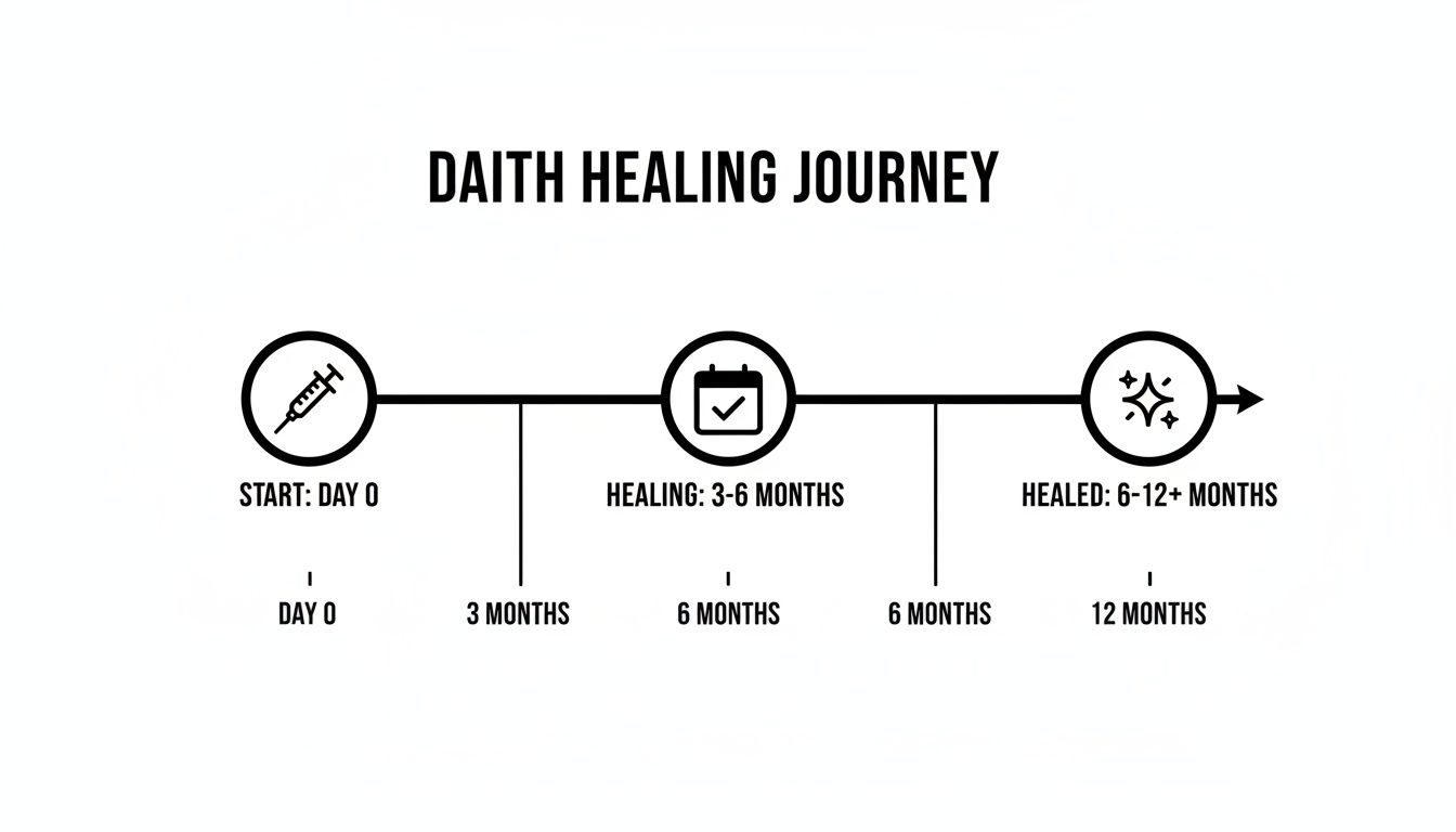 Daith piercing healing timeline showing start, healing (3-6 months), and healed (6-12+ months) stages.