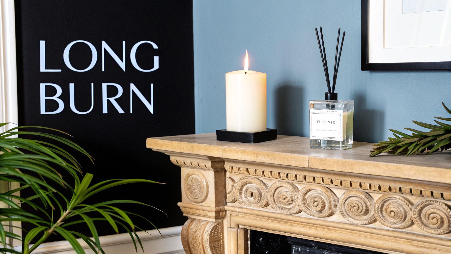 A lit soy candle on a wooden surface surrounded by green leaves, symbolizing its natural origins.