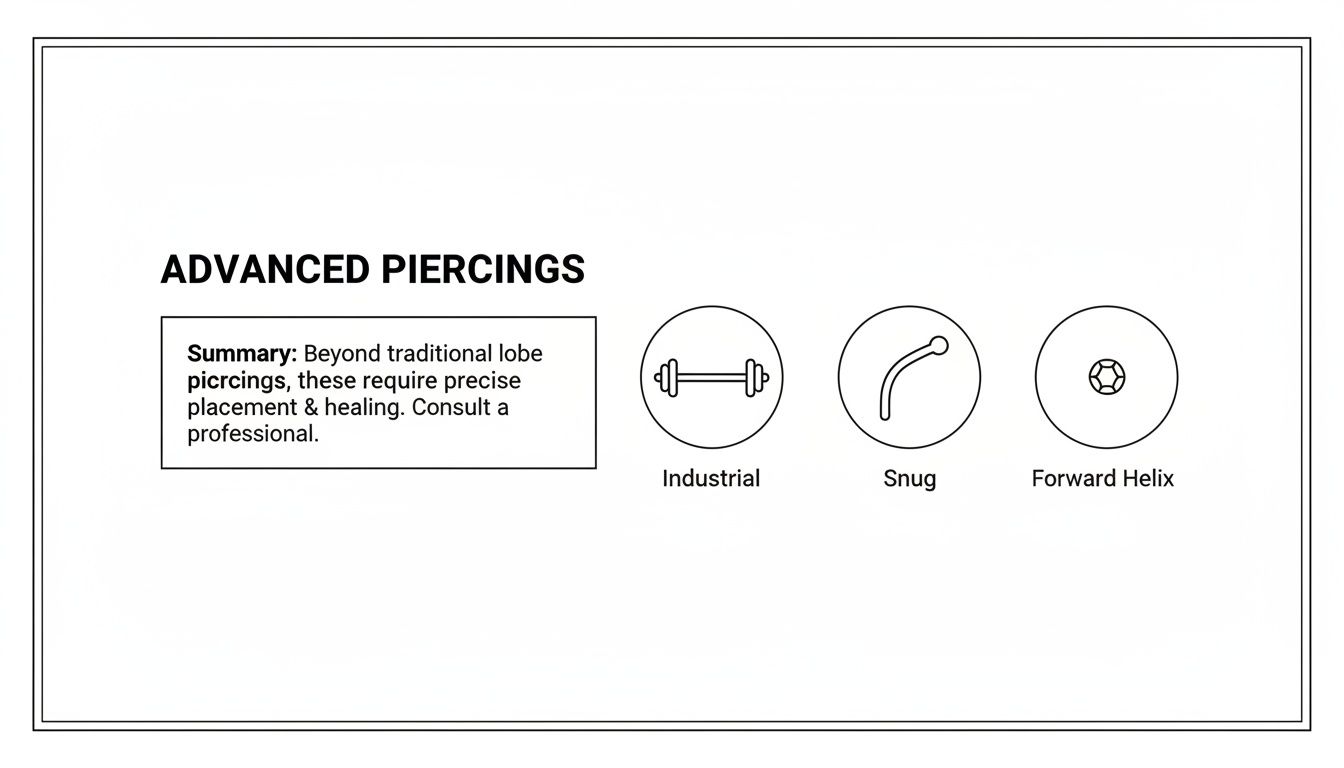 Diagram showing advanced ear piercings: Industrial, Snug, and Forward Helix, with a descriptive summary.