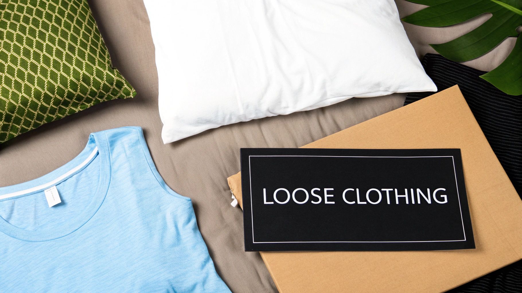 Overhead view of a blue tank top, pillows, and a 'LOOSE CLOTHING' sign on a bed.