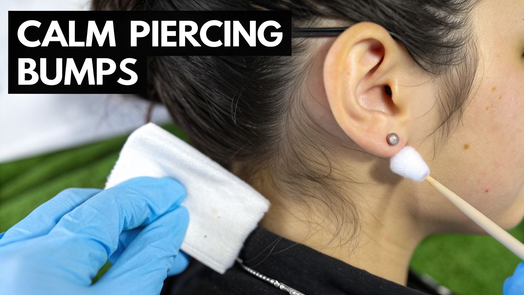A gloved hand gently cleans a fresh earlobe piercing with a cotton swab to calm bumps.